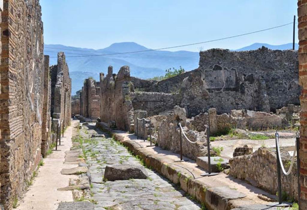 IX.3.21 and IX.3.22, Pompeii, on right. April 2018. Looking south along Vicolo di Tesmo. Photo courtesy of Ian Lycett-King. 
Use is subject to Creative Commons Attribution-NonCommercial License v.4 International.
