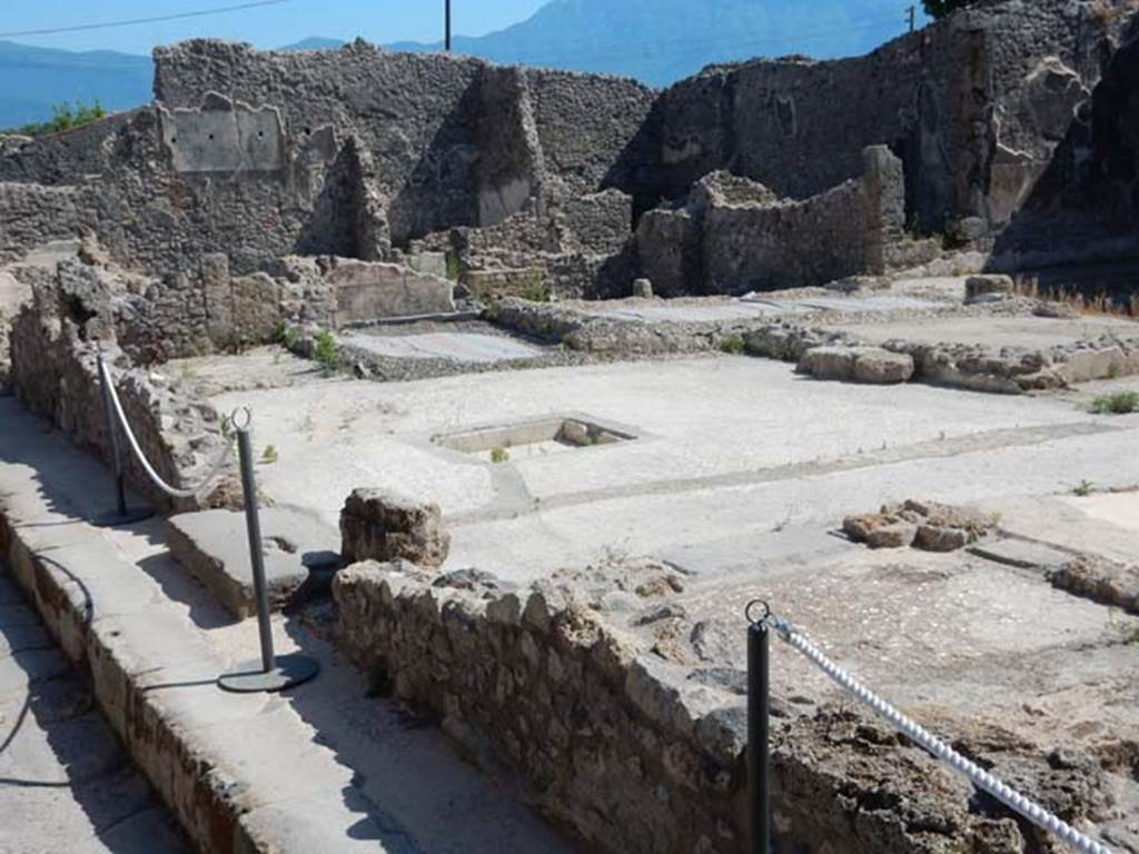 IX.3.21 Pompeii, on left rear, and IX.3.22, on right. May 2017.  Looking south-west across newly “cleaned” site, from Vicolo di Tesmo. Photo courtesy of Buzz Ferebee.
