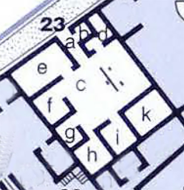 IX.3.23 Pompeii. Plan showing the rooms of this house as shown on this page.
See Carratelli, G. P., 1990-2003. Pompei: Pitture e Mosaici: Vol. IX. Roma: Istituto della enciclopedia italiana, p. 364.

