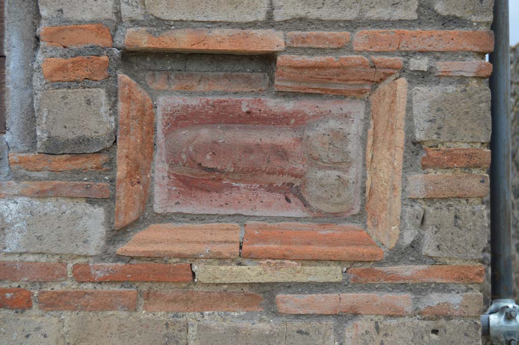 IX.5.1 Pompeii. March 2018.  
Terracotta wall plaque of phallus on wall on west side of entrance doorway. 
Foto Taylor Lauritsen, ERC Grant 681269 DÉCOR.
