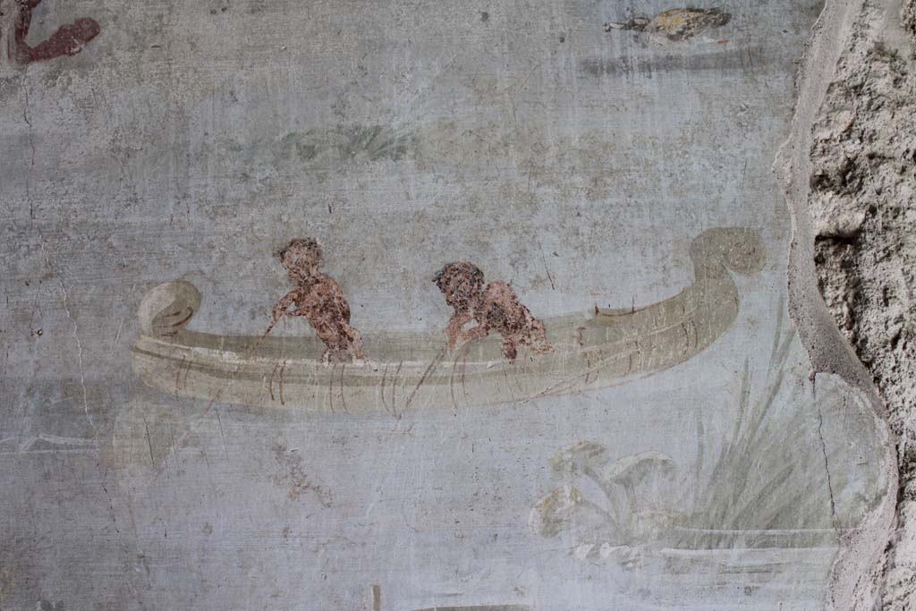 IX.5.9 Pompeii. May 2019. Room l (L), two pygmies rowing a boat from upper north wall at west end. 
Foto Christian Beck, ERC Grant 681269 DCOR.

