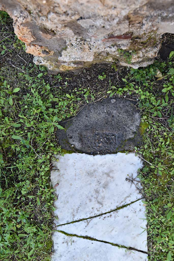 IX.5.18 Pompeii. March 2018. Triclinium “f”, detail of threshold at south end.  
Foto Annette Haug, ERC Grant 681269 DÉCOR.
