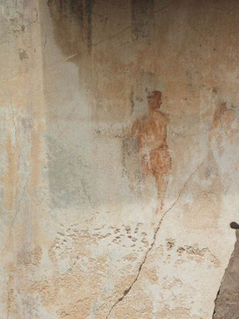 IX.5.18 Pompeii.  May 2005. Room f.   North wall of Triclinium.  Wall painting of Pentheus and Dionysus.  See Schefold, K., 1962. Vergessenes Pompeji. Bern: Francke. (T. 53,1-2).
