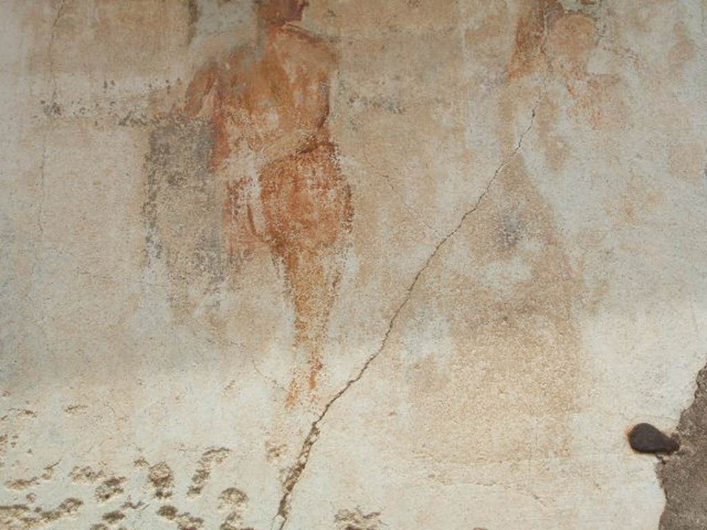 IX.5.18 Pompeii.  May 2005. Room f.   North wall of Triclinium.  Wall painting of Pentheus and Dionysus.  See Schefold, K., 1962. Vergessenes Pompeji. Bern: Francke. (T. 53,1-2).