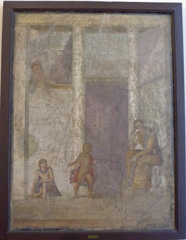 IX.5.18 Pompeii. May 2005. Room e, west wall of cubiculum, second room in south-west corner. Wall painting of Medea sitting contemplating killing her children who play nearby. Now in Naples Archaeological Museum. Inventory number: 114321.