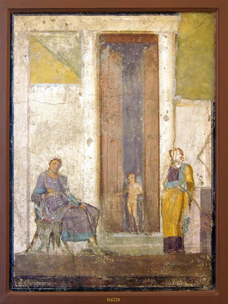 IX.5.18 Pompeii. December 2019. Room “e”, north wall of cubiculum, second room in south-west corner. 
Wall painting of seated Paris waiting for the prize promised by Aphrodite. The cupid in the doorway points to Helen.
Now in Naples Archaeological Museum. Inventory number 114320.
Photo courtesy of Giuseppe Ciaramella.
