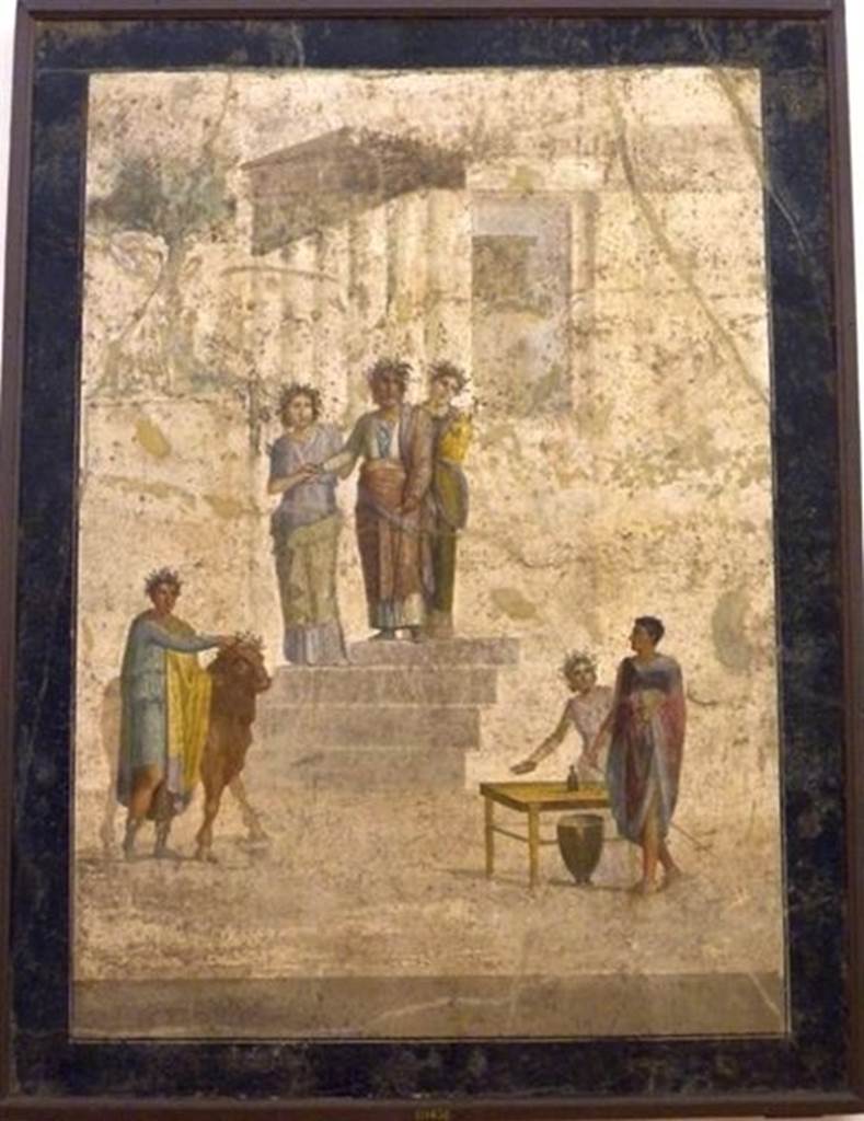 IX.5.18 Pompeii. June 2009. Room f, west wall of triclinium. Wall painting of Jason and Pelias. Now in Naples Archaeological Museum. Inventory number: 111436.