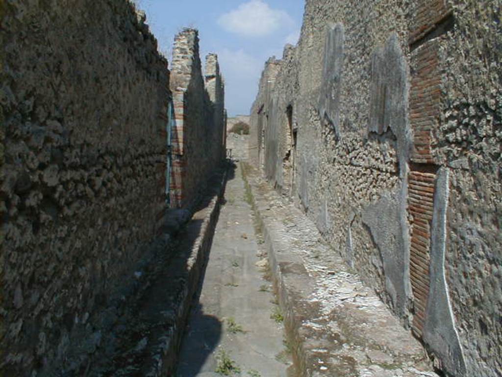 IX.4 Pompeii, on left. September 2005.      Vicolo di Tesmo, looking north.        IX.5.21 and IX.5.20 (doorways in centre right).

