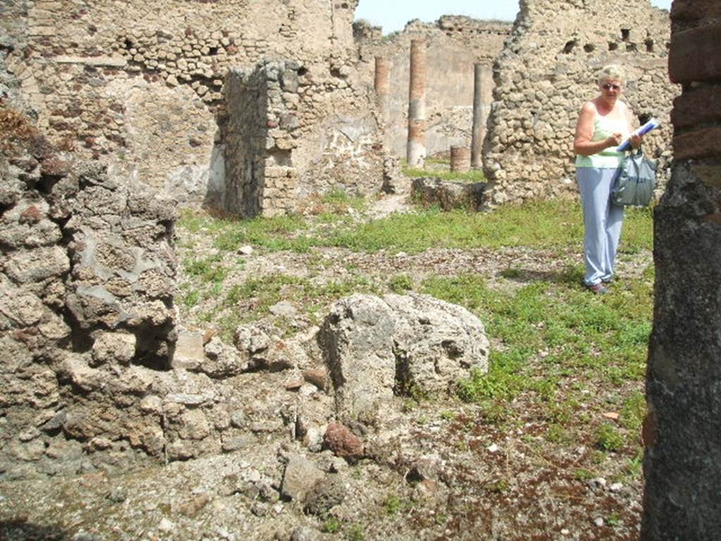 IX.6.3 Pompeii. May 2005. Looking north-east towards peristyle of IX.6.5 in distance.  Side and rear walls are missing between IX.6.3 and IX.6.4, due to 1943 bombing. The lower left of the picture is the area of a small room on the north side of the atrium.
