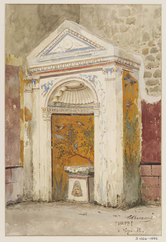 IX.6.8 Pompeii. 6th June 1882. Garden 9, south-west corner.
Frescoed fountain with birds and floral motif in Pompeii watercolour by Luigi Bazzani. 
Photo © Victoria and Albert Museum. Inventory number 1064-1886.

