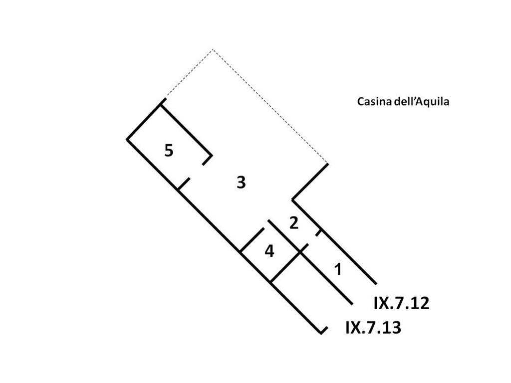IX.7.12 Pompeii. Plan showing layout of rooms, now buried.
Key:
1:  Long entrance corridor
2:  Vestibule
3:  Atrium
4:  Cubiculum
5:  Triclinium
