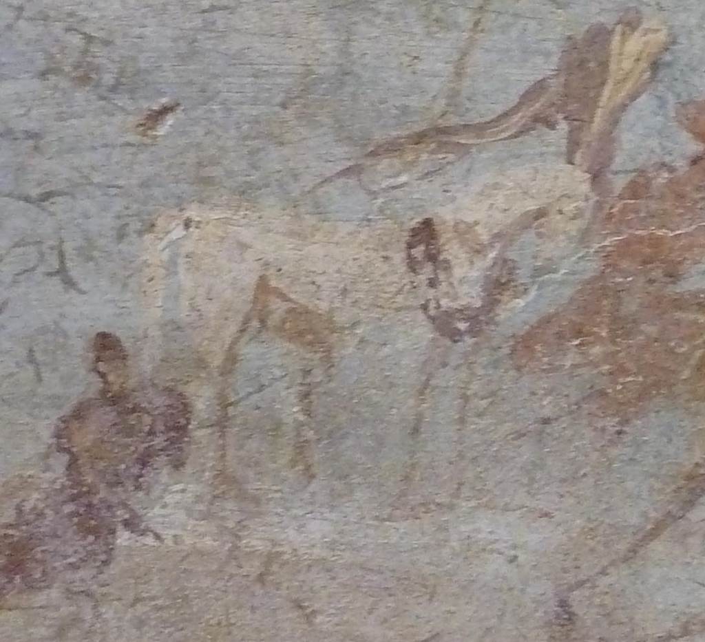 IX.7.16 Pompeii. Found on the west wall of the cubiculum on north side of entrance. Detail of painting of the Trojan Horse. Detail of the horse left outside the city by the Greeks.