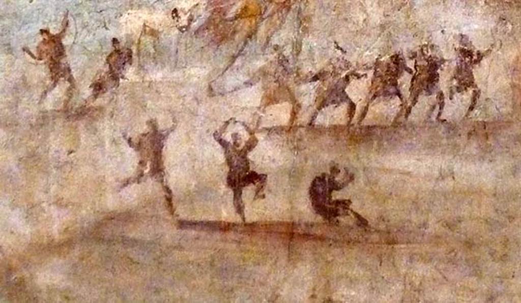 IX.7.16 Pompeii. Found on the west wall of the cubiculum on north side of entrance. 
Detail of painting of the Trojan Horse. The Trojans dance happily.
