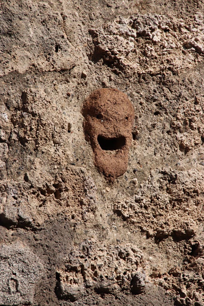 IX.7.21 Pompeii. Pompeii. October 2022. 
Detail of terracotta mask decoration embedded in wall. Photo courtesy of Klaus Heese. 
