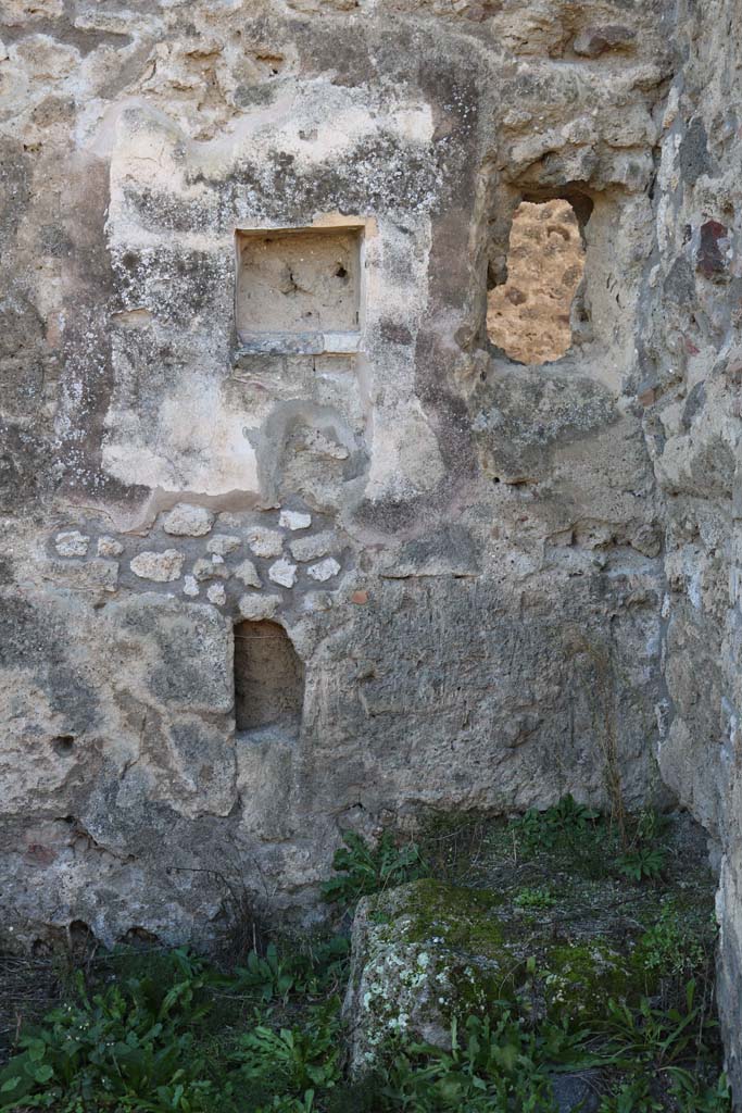 IX.7.21 Pompeii. December 2018. 
Looking towards west wall of atrium, with niche and hearth. Photo courtesy of Aude Durand.

