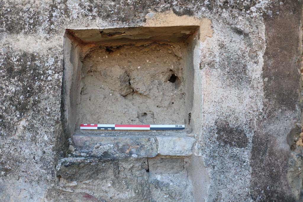 IX.7.21 Pompeii. December 2018. Detail of lararium niche in west wall of atrium. Photo courtesy of Aude Durand