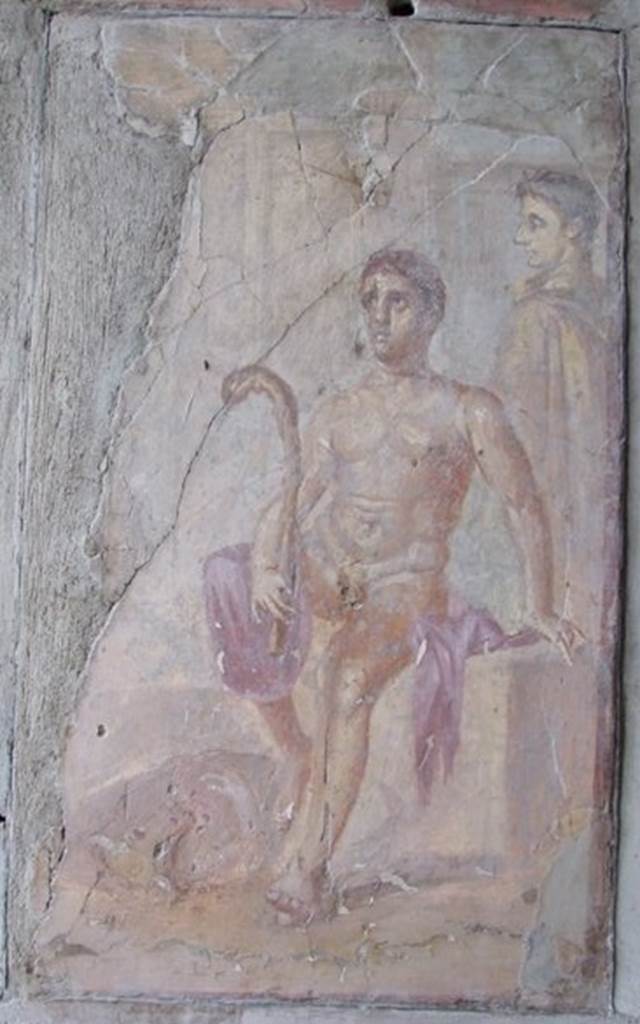 IX.8.6 Pompeii. December 2007. Room 38, triclinium, north wall. Wall painting of Theseus and the Minotaur. Theseus is seated, with his club in his right hand and with his right foot on the minotaur. A male figure is seen in portrait profile. See Sogliano, A., 1879. Le pitture murali campane scoverte negli anni 1867-79. Napoli: Giannini. (No. 530).