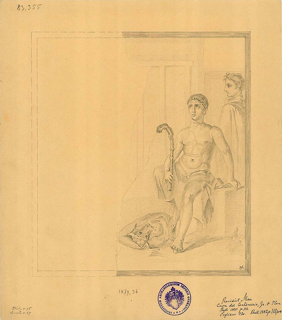 IX.8.6 Pompeii. 1879. Room 38, triclinium, north wall. Drawing by A. Sikkard of wall painting of Theseus and the Minotaur.
DAIR 83.355. Photo © Deutsches Archäologisches Institut, Abteilung Rom, Arkiv.

