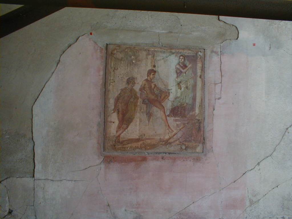 IX.8.6 Pompeii. September 2004. Room 38, triclinium south wall with wall painting of Iphigenia in Tauris.