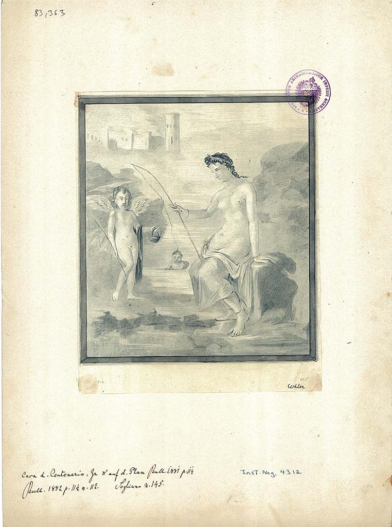 IX.8.6 Pompeii. Room 39, drawing of wall painting of Venus fishing with Cupid on the left.
DAIR 83.363. Photo © Deutsches Archäologisches Institut, Abteilung Rom, Arkiv.

