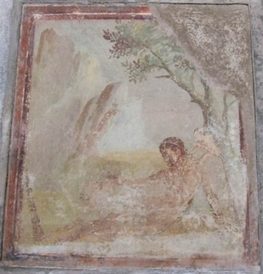 IX.8.6 Pompeii. December 2007. Room 40, east wall of cubiculum. Wall painting of Hercules lying down with cupids. See Bragantini, de Vos, Badoni, 1986. Pitture e Pavimenti di Pompei, Parte 3. Rome: ICCD. (p533).