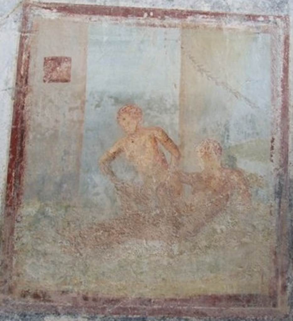 IX.8.6 Pompeii. December 2007. Room 40, north wall of cubiculum. Wall painting of a couple on a bed.
