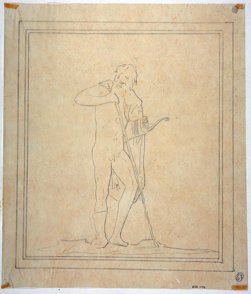 IX.8.6 Pompeii. Drawing by Geremia Discanno, of a wall painting of the injured Philoctetes found on south wall of the left ala.
The original painting was detached and taken to Naples Archaeological Museum. Inventory number 120032.
Now in Naples Archaeological Museum. Inventory number ADS 1104.
Photo © ICCD. http://www.catalogo.beniculturali.it
Utilizzabili alle condizioni della licenza Attribuzione - Non commerciale - Condividi allo stesso modo 2.5 Italia (CC BY-NC-SA 2.5 IT)
