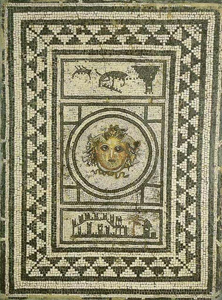 IX.8.6 Pompeii. March 2009. Room 55, mosaic from centre of floor in cubiculum. Largely black and white mosaic with a polychrome gorgons head in a circle in the centre. Mau describes the head as a good job though not really of first quality. Now in Naples Archaeological Museum.  Inventory number 112284. See Mau, BdI 1881 p. 175.