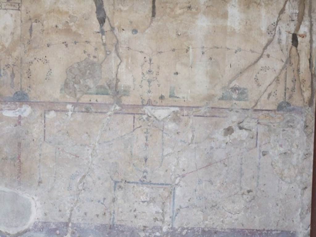 IX.8.6 Pompeii. March 2009. Room 57, north wall of white triclinium. In the predella, in the centre of the photo, are the remains of the paintings of pygmies gathering the grapes. 
