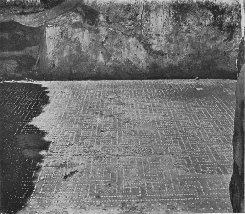 IX.8.6 Pompeii. c.1930. Room 7, looking across flooring with a net of meanders and squares of white tesserae in cocciopesto.
See Blake, M., (1930). The pavements of the Roman Buildings of the Republic and Early Empire. Rome, MAAR, 8, (p.26 & Pl.3, tav.2)
