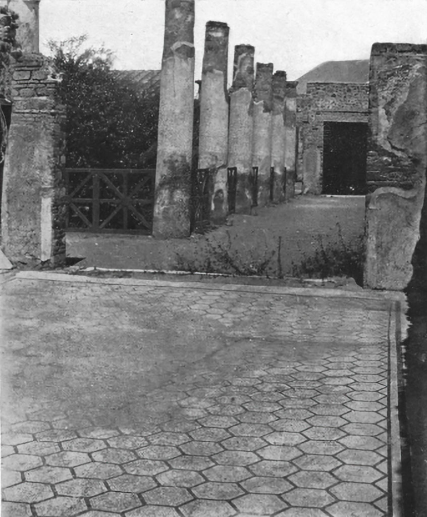 IX.8.6 Pompeii. c.1930. 
Room 12, looking north across flooring composed of hexagons outlined in black, towards east portico.
See Blake, M., (1930). The pavements of the Roman Buildings of the Republic and Early Empire. Rome, MAAR, 8, (p.98, 109, & Pl.26,4).
