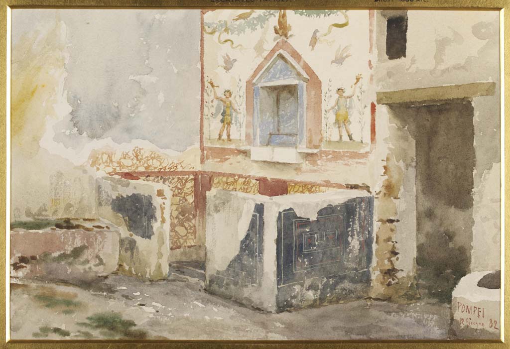 IX.8.6 Pompeii. 12th June 1882. Room 23, watercolour by Luigi Bazzani showing household shrine or lararium.
The Bacchus painting is not shown in this watercolour.
Photo © Victoria and Albert Museum. Inventory number 1063-1886.

