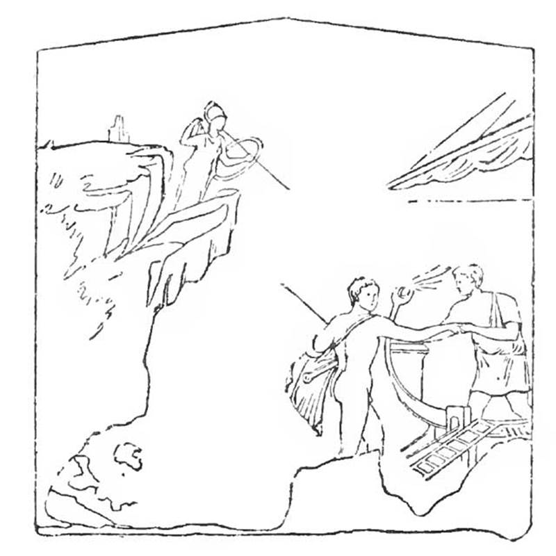 IX.8.8 Pompeii. 1890 sketch of painting of Theseus abandoning Ariadne.
According to NdS, in a room, not yet entirely excavated in 1891, of a small house to the south of the House of the Centenary, a badly conserved painting was found on the west wall.
It showed Theseus abandoning Ariadne. It was 1.09m high by 1m wide.
The sleeping Ariadne was on the left but was completely destroyed.
On the right is a ladder which acts as a bridge resting on the prow of the ship.
On the bridge is the naked Theseus giving his right hand to a bearded sailor who helps him climb aboard.
In the background is a cliff, behind which Pallas descends from above, armed with helmet shield and spear. 
See Bullettino dellInstituto di Corrispondenza Archeologica (DAIR), 1890. p. 277.
See Notizie degli Scavi di Antichit, 1891, p. 265.
