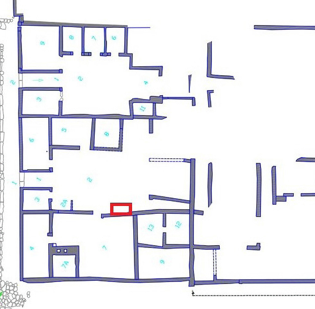 IX.10.2 Pompeii. June 2023. Plan of new excavations.
1: Entrance and Fauces
2: Atrium
3: Kitchen?
4: Tablinum
5: Triclinium
6: Cubiculum
7: Cubiculum
8: Cubiculum
