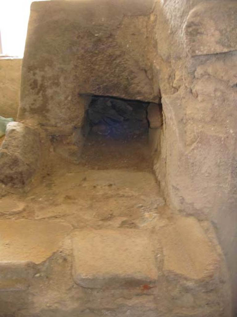 IX.11.2 Pompeii. May 2003. Looking south into hearth under small stove. Photo courtesy of Nicolas Monteix.