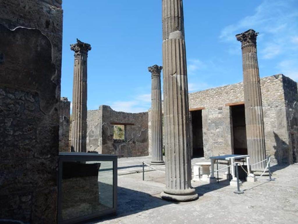 IX.14.4 Pompeii. May 2017. 
Looking north-east across atrium B from west ala 25 near the arca, or money chest, on west side of atrium. Photo courtesy of Buzz Ferebee.


