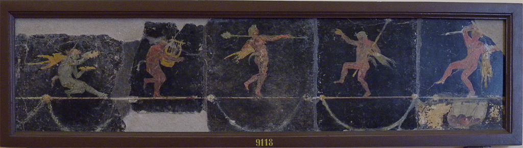 HGW06 Pompeii.   Found in Triclinium on 1st June 1748.  Wall painting of a Satyr with a Thyrsus on his shoulder and who is walking on a horizontal Thyrsus.  Now in Naples Archaeological Museum.  Inventory number 9164.