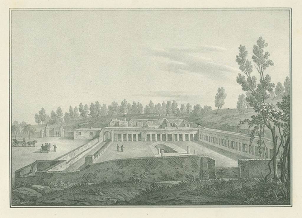 HGW24 Pompeii. Drawing c.1840 looking east from rear wall of garden. The original carriage entrance to Pompeii can be seen on the left. Photo courtesy of Rick Bauer.