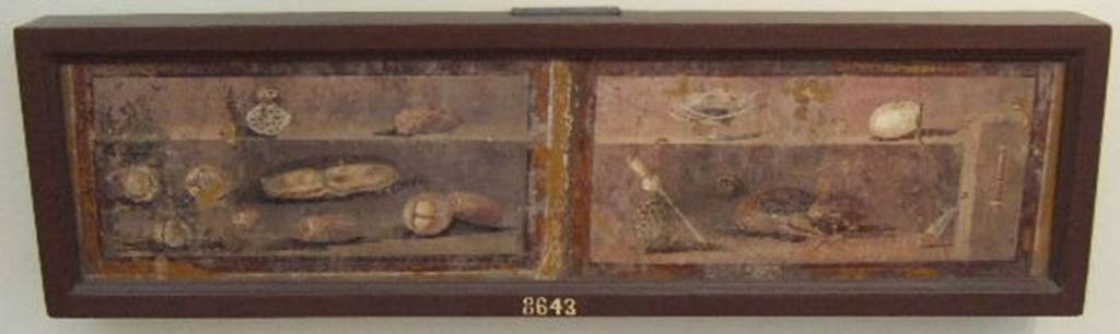 HGW24 Pompeii. 5th October 1771. Wall painting of meat, game, egg and produce. 
On the right panel is a silver cup. On the left panel is a bag of money.
Now in Naples Archaeological Museum. Inventory number 8643.
(According to Pagano and Prisciandaro, this painting, inventory number NAP 8643, was shown as no.26 from the plan by La Vega). 
See Pagano, M. and Prisciandaro, R., 2006. Studio sulle provenienze degli oggetti rinvenuti negli scavi borbonici del regno di Napoli.  Naples: Nicola Longobardi. (p.71).
(Fontaine, either room 5d (La Vega 25), at east end of north garden portico, or from (Fontaine, room 5,13 (La Vega 26)).

PAH 1,1, p.260, 5th October 1771, (and addendum p.124 and 157): (See No. 25 on the plan by La Vega).
Continuing the said excavation, we have evacuated two rooms, only detecting one painting (approximately 0.48m long, 0.24m high) of meat things, as chicken, eggs, etc., and this has been cut by the young boys of Canart. They have cut 12 pieces of white mosaic with black stripe, from the floor of some rooms already discovered earlier.
From PAH 1,1, p.260, 12th October 1771. 
We have continued the excavation in the said dwelling outside of the city, lifting the soil from above some vaults, therefore to be able to enter into the rooms that are covered.
From PAH, addendum, p.124 – 
Relazione delle antichita, che si vanno ritrovando nella masseria del sig. D. Giovanni Milano parsonaro, che si era principiata al di 14 Febbraro 1771.
 “No.25. A di 4 ottobre 1771. Questa stanza tiene la lamia in piano dipinta a stelluce; il dippiu della stanza e di tonica gialla con qualche ornato liscio, il zoccolo rosso con qualche uccelletto. Il pavimento e di terra, e non vi si e trovato alcuna cosa.”
