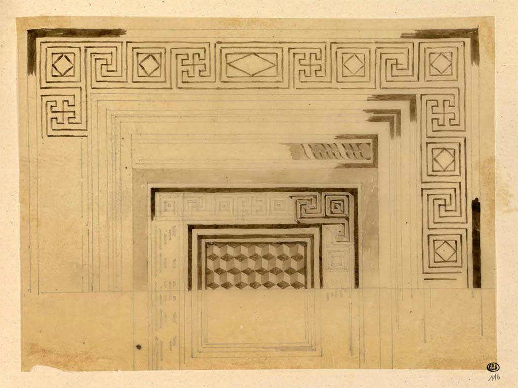 HGW24 Pompeii. Villa of Diomedes, undated sketch of a mosaic titled Pompéi, mosaïque antique.
This may have been drawn in Naples Museum/Portici, so does not show what is left in the site at Pompeii.
See Debret F. (1777-1850), Piranesi F. (1758-1810), LaBrouste H. (1801-1875). Voyage en Italie-De Naples à Paestum, pl. 116.
INHA Identifiant numérique : NUM PC 77832 (07). See book on INHA Les documents sont placés sous « Licence Ouverte / Open Licence » Etalab 
