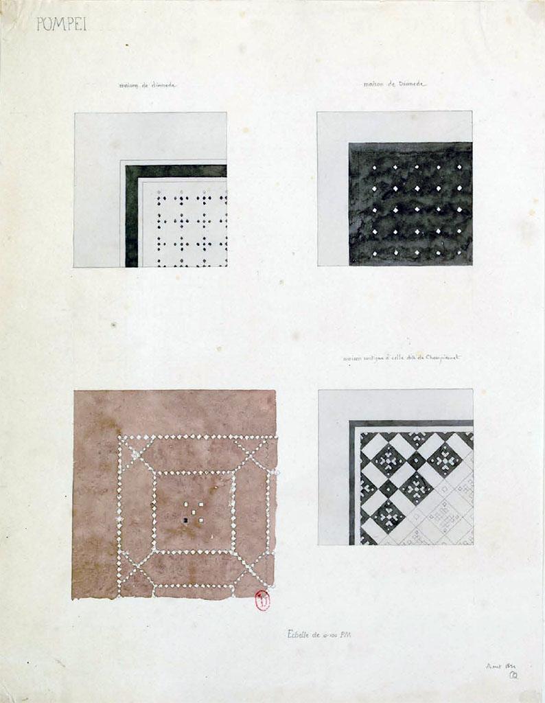 HGW24 Pompeii. August 1832, watercolour sketches by Charles-Auguste Questel.
The top two floor mosaics would appear to be from Villa of Diomedes, but the one on the lower left is unknown.
Perhaps Villa of Diomedes, perhaps VIII.2.3 (as is the one on the lower right) or perhaps somewhere different.
See Charles-Auguste Questel (1807-1888) Voyage en Italie et Sicile. Août 1831 - novembre 1832, pl. 36.
INHA identifiant numérique : NUM MS 512. Document placé sous « Licence Ouverte / Open Licence » Etalab 
