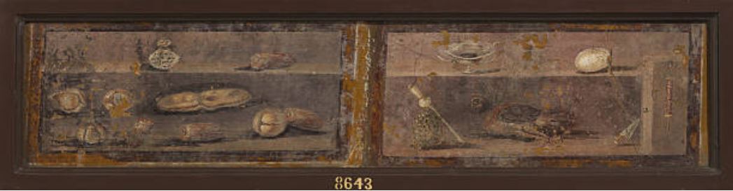 HGW24 Pompeii. Painting of fruit/nuts with pouch with inscription.
Now in Naples Archaeological Museum. Inventory number 8643 (left hand part).
See Antichità di Ercolano: Tomo Setto: Le Pitture 5, 1779, tav. 16, p. 73.
See Helbig, W., 1868. Wandgemälde der vom Vesuv verschütteten Städte Campaniens. Leipzig: Breitkopf und Härtel, 1703.
(Fontaine, room 2,10, La Vega 22.)
