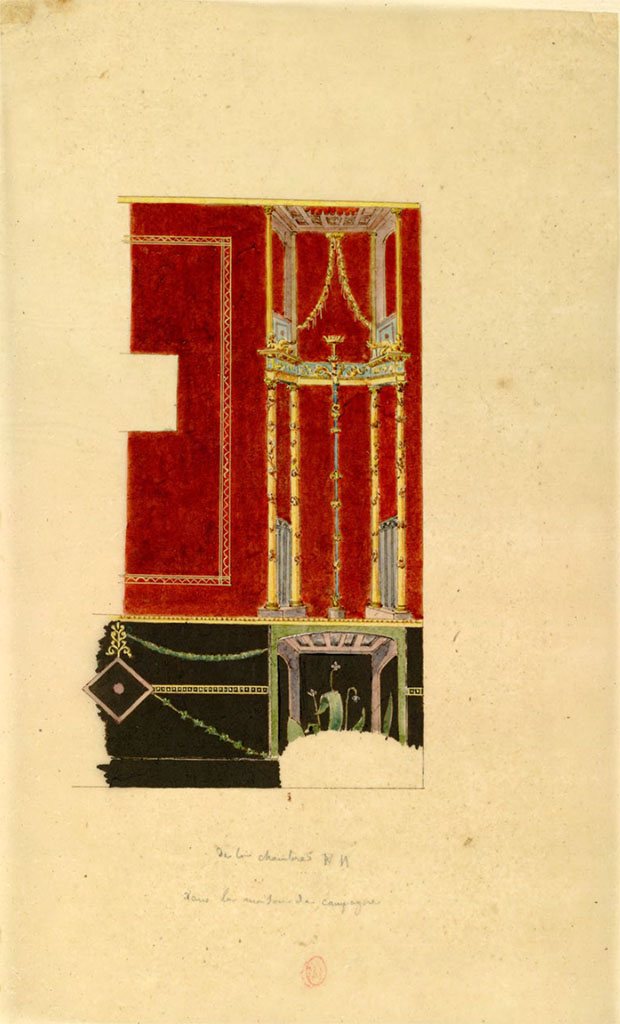 HGW24 Pompeii. Mai 1823? Watercolour sketch by Chenavard of part of painted wall decoration in antechamber.
See Chenavard, Antoine-Marie (1787-1883) et al. Voyage d'Italie, croquis Tome 3, pl. 111.
INHA Identifiant numérique : NUM MS 703 (3). See Book on INHA 
Document placé sous « Licence Ouverte / Open Licence » Etalab   
(Fontaine, room 2,10).
