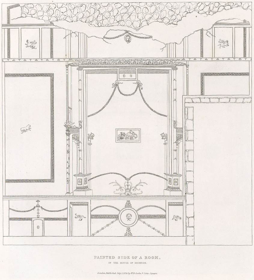 Villa of Diomedes. 1826 drawing of painted side of a room in the villa.
See Cooke, Cockburn and Donaldson, 1827. Pompeii Illustrated: Vol. 2. London: Cooke, pl. 47 or 49.
