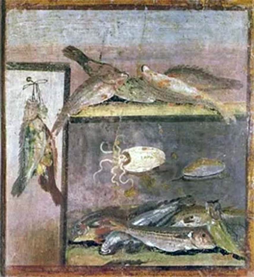HGW24 Pompeii. 1975. Still life with fishes. Now in Naples Archaeological Museum. Inventory number 8635.
Found 21st September 1771, 
(Fontaine’s room 2,10 or 2,12, see note regarding paintings on the Architectural landscape with view of villas, above).

