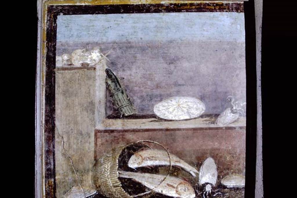 HGW24 Pompeii. 1968. Still life with fishes. Photo by Stanley A. Jashemski.
Source: The Wilhelmina and Stanley A. Jashemski archive in the University of Maryland Library, Special Collections (See collection page) and made available under the Creative Commons Attribution-Non-Commercial License v.4. See Licence and use details.
J68f0787
Now in Naples Archaeological Museum.  Inventory number 8638.
