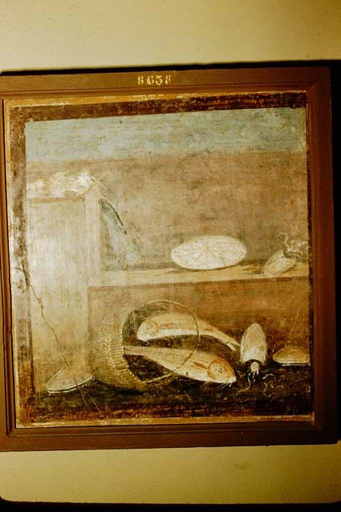 HGW24 Pompeii. 1957. Still life with fishes. Photo by Stanley A. Jashemski.
Source: The Wilhelmina and Stanley A. Jashemski archive in the University of Maryland Library, Special Collections (See collection page) and made available under the Creative Commons Attribution-Non-Commercial License v.4. See Licence and use details.
J57f0557
Now in Naples Archaeological Museum.  Inventory number 8638.
