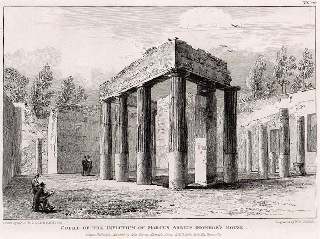 HGW24 Pompeii. 1817 drawing by Major Cockburn of the “Court of the Impluvium of Marcus Arrius Diomede’s house.”
See Cooke, Cockburn and Donaldson, 1827. Pompeii Illustrated: Vol. 2. London: Cooke, pl. 46 or 44.
Looking east along north portico towards entrance doorway from north-west corner. 


