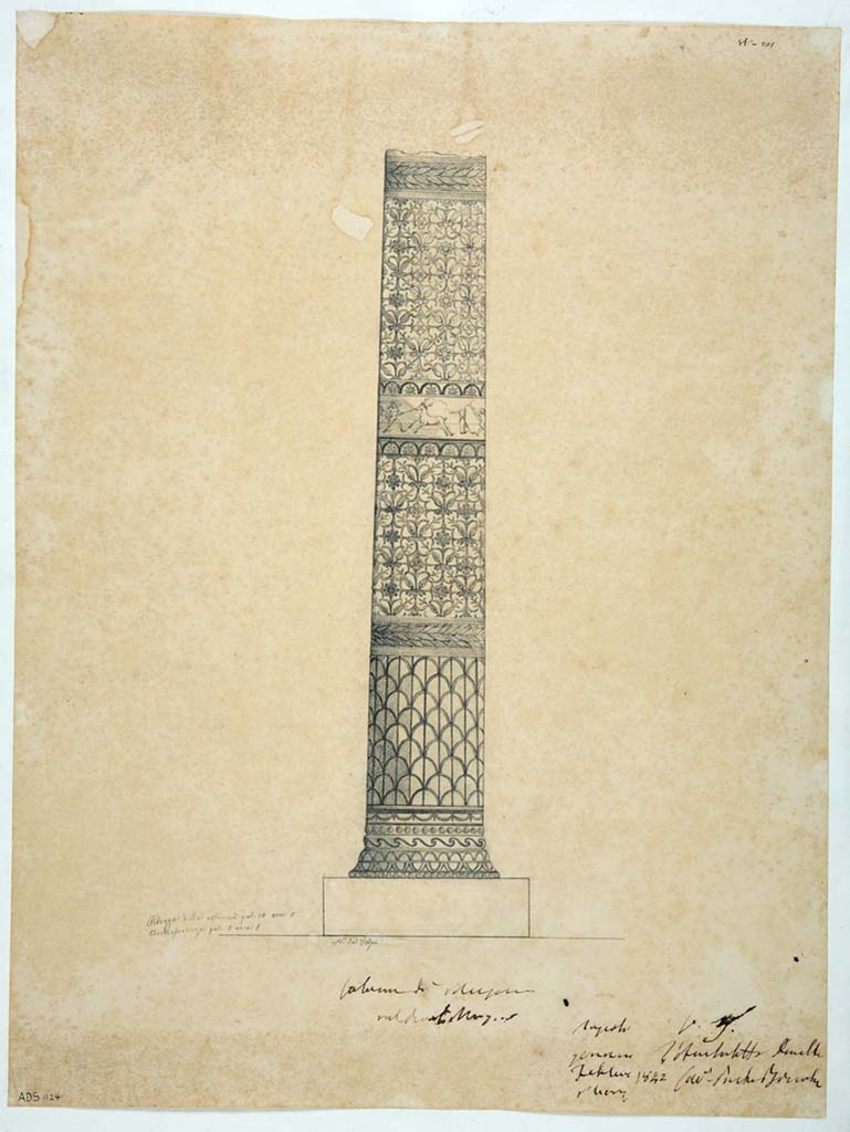 HGE12 Villa of the Mosaic Columns. 1842 drawing by N. La Volpe of the frieze on one of the mosaic columns.
According to the ICCD database, the drawing depicts a column decorated with mosaic motifs with scales in the lower third, a headband with garland of leaves, floral motifs in the middle third, and a frieze with cupids hunting, and floral motifs in the upper third topped with a headband of a garland of leaves. It is one of the mosaic columns coming from the Villa of the mosaic columns of Pompeii, now preserved in the National Archaeological Museum of Naples (Inventory numbers. 9995-9996, 10000-10001).
Drawing now in Naples Archaeological Museum. Inventory number ADS1124.
Photo © ICCD. http://www.catalogo.beniculturali.it
Utilizzabili alle condizioni della licenza Attribuzione - Non commerciale - Condividi allo stesso modo 2.5 Italia (CC BY-NC-SA 2.5 IT)
