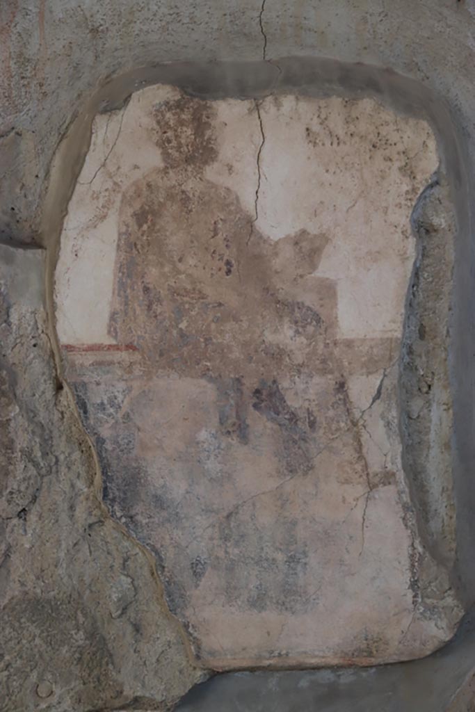 Villa San Marco, Stabiae, October 2022. 
Portico 2, detail of painted figure from east wall in south-east corner. Photo courtesy of Klaus Heese.
